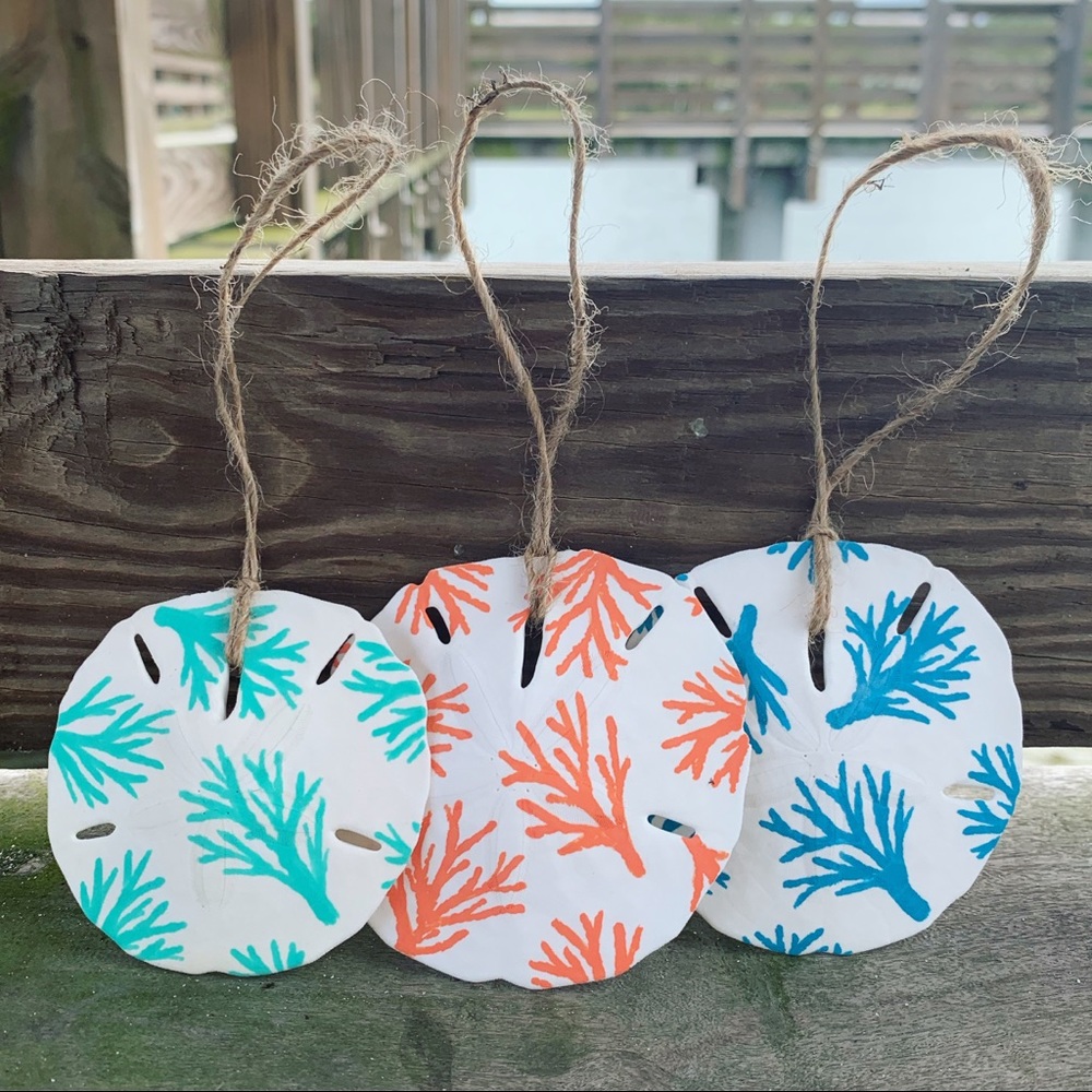 Sand Dollar Ornament Set Handpainted Coral Art